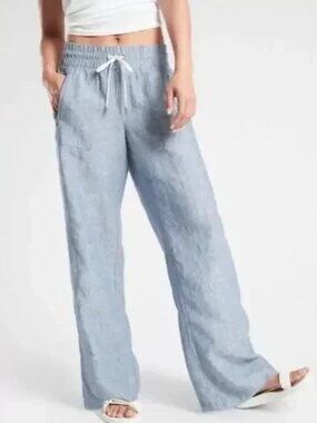 Athleta Cabo 100% Linen Wide Leg Drawstring Pants in Chambray Blue Size 6